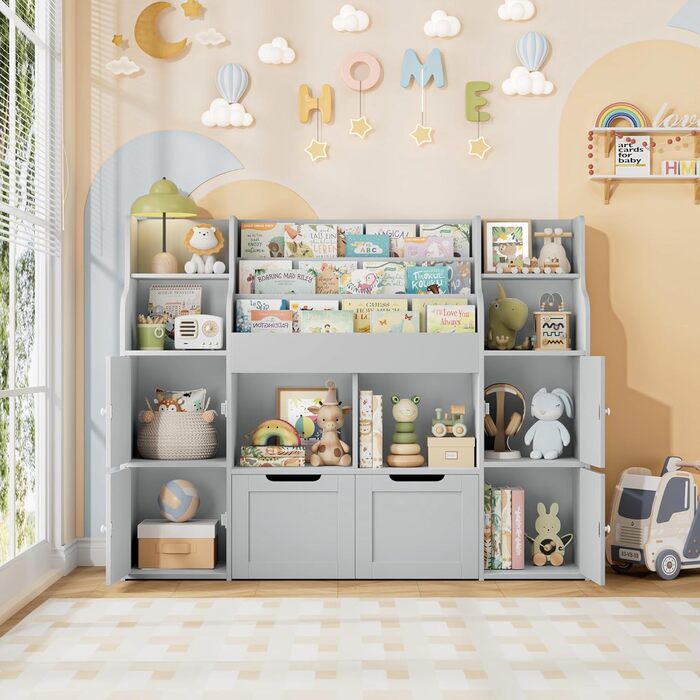 FOREHILL Поличка для іграшок та книжок у дитячу кімнату з дерева, сіра, 122 x 30 x 100 см