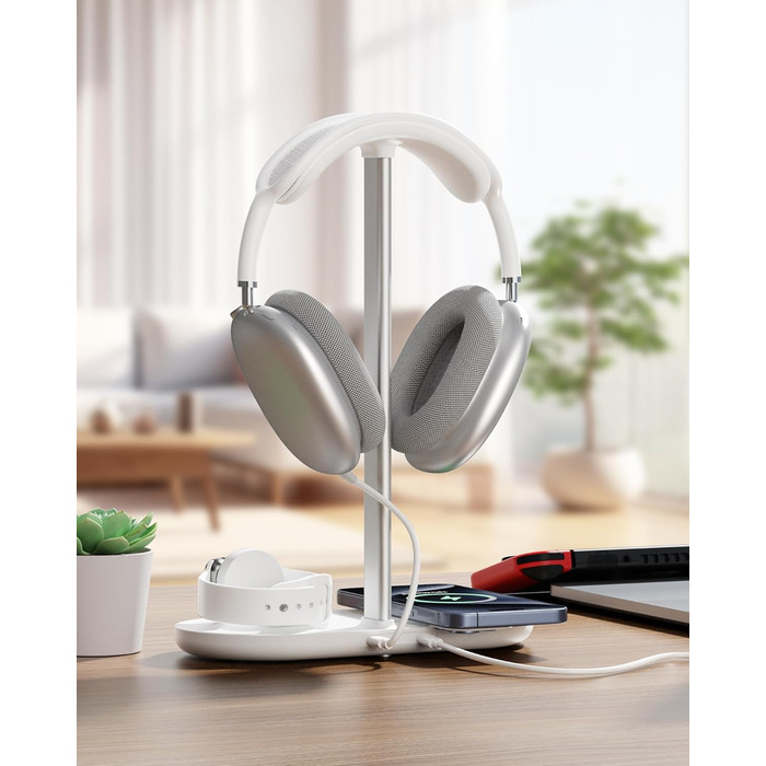 Підставка для навушників HiWe 3-в-1 з бездротовим зарядним пристроєм для телефону/AirPods/iWatch. Алюмінієва стійка, шкіряний підклад, ABS-основа, білий колір.