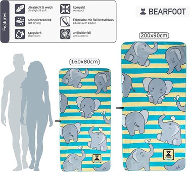 Пляжний рушник з мікрофібри BEARFOOT XXL з кишенею Швидковисихаючі рушники - Рушник з мікрофібри великого розміру-надлегке / аксесуари для відпочинку і пляжу або в якості рушники для сауни (200x90 см, слони / слони)