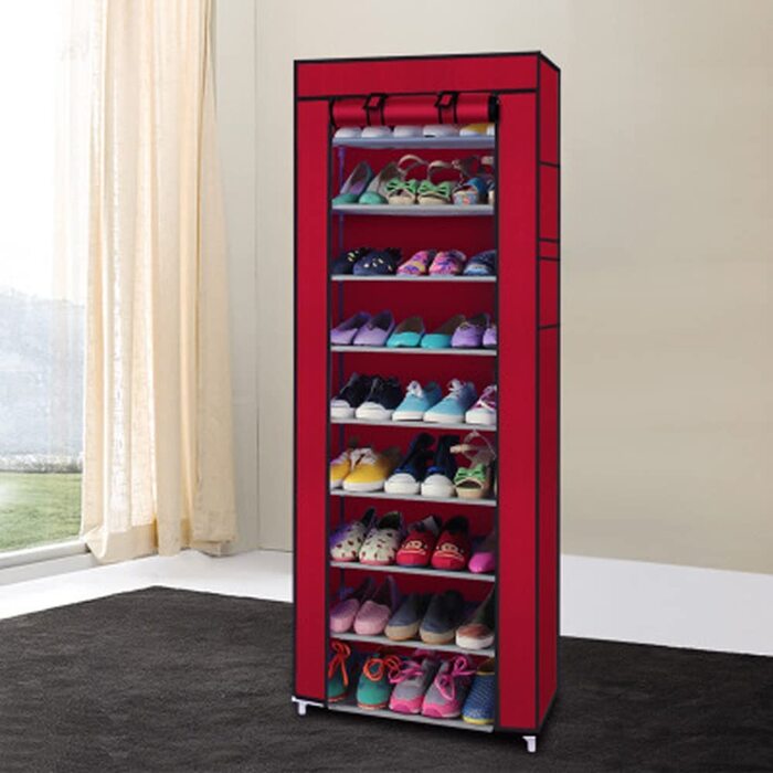 Полиця для взуття Gutsbox з кришкою, 10-шаровий 9-шаровий пилозахисний шафа для взуття, місткістю до 30 пар взуття, 58 x 28 x 160 см (червоний)