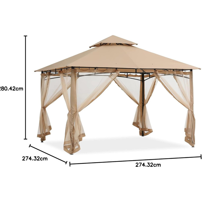Павільйон садовий ABCCANOPY 2,4x2,4 м з подвійним дахом та москітною сіткою (Бежевий)