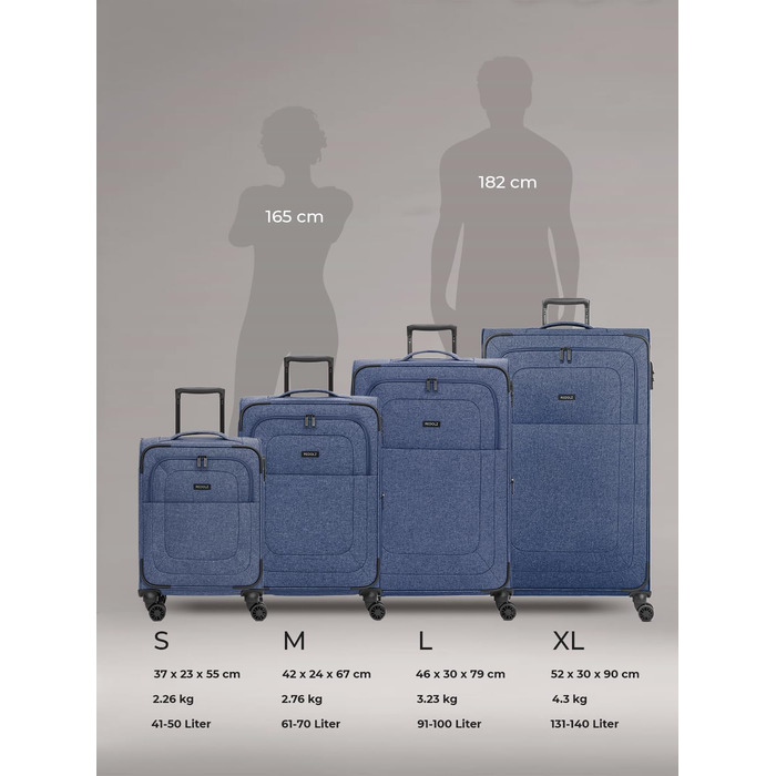 Набір валіз REDOLZ 3 шт. для жінок та чоловіків | Легкі та міцні валізи-ролики, якісний софт-кейс, 4 подвійні колеса, TSA-замок, розширювані | Blue, L (79 см)
