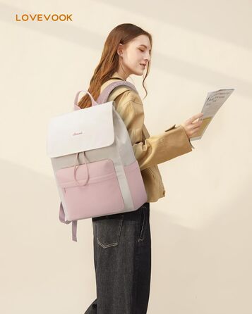 LOVEVOOK Рюкзак для жінок, легкий шкільний рюкзак для підлітків з відділенням для ноутбука 15.6 дюймів, жіночий рюкзак для навчання, подорожей, роботи (M-15.6 дюймів, Рожевий + Бежевий)