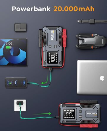 Powerbank Starthilfe 6000A: Зарядний пристрій для автомобіля 12V (до 9L бензин, 7L дизель) з кабелем, LED-лампою та дисплеєм – для SUV, мотоциклів, газонокосарок