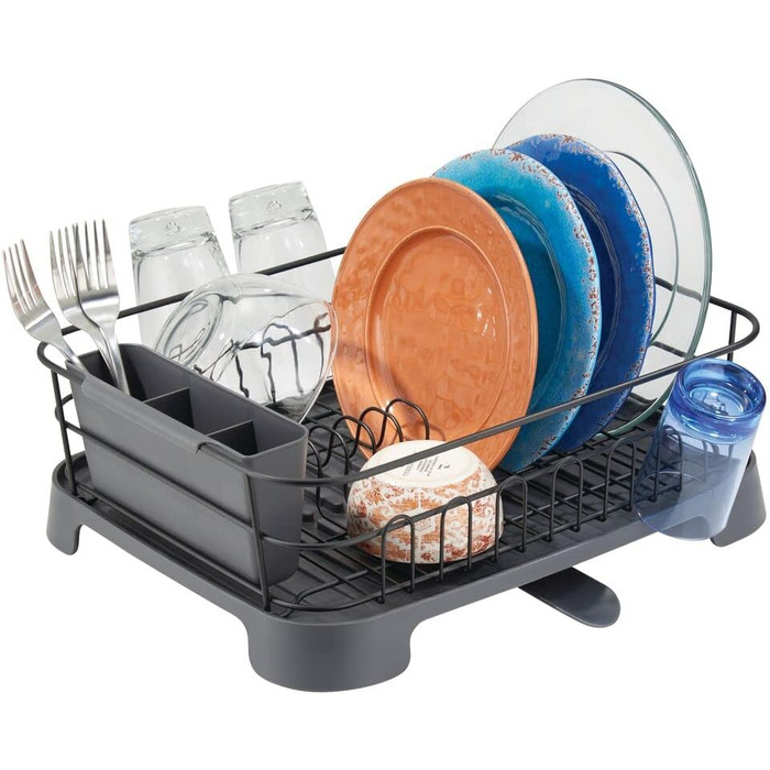 Сушарка для посуду mDesign металева та пластикова з висувним носиком, чорно-сіра