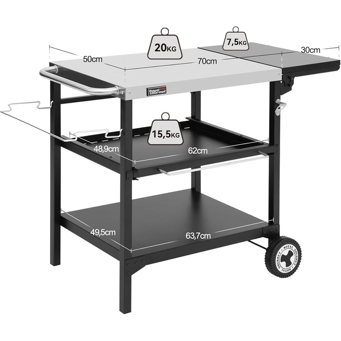 Набір для гриля Royal Gourmet: стіл-візок з 3 ярусами, стільниця з нержавіючої сталі 70x50 см та бічна полиця 30x50 см, для дачі та саду