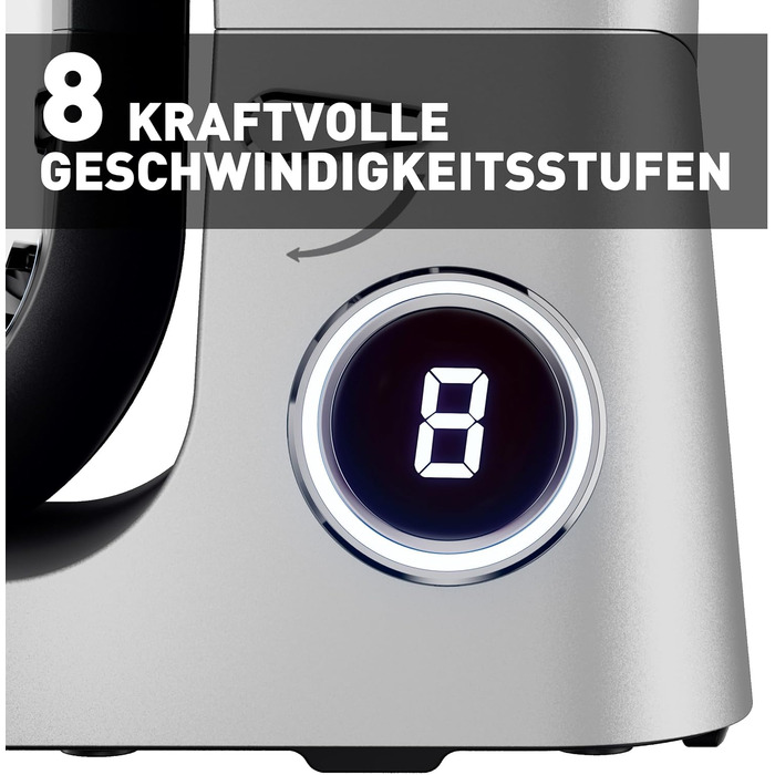 Кухонна машина Heinrichs 2500W з подвійним гаком для тіста, міксером та вінчиком, 8 швидкостей, чаша 8л з нержавіючої сталі, тиха, колір 