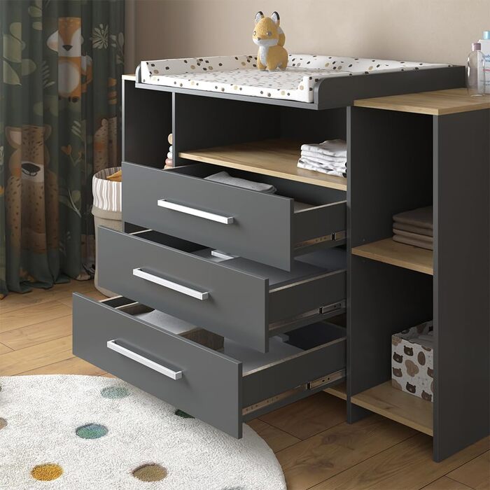 Комод-ліжко Vicco Oskar з приставкою-ліжком, сірий, 143 x 100 см XL з шухлядами, білий/сірий (антрацит/золотий дуб)