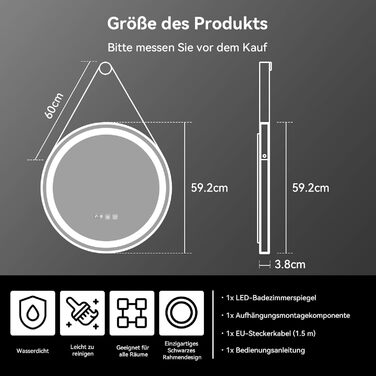 Дзеркало для ванної кімнати YOURLITE з підсвічуванням, 60 см, кругле, LED, 3 кольори, регулювання яскравості, сенсорний вимикач, антизапарник, пам'ять, IP44, чорний