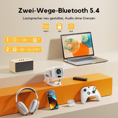 Smart проєктор AKIYO O4 з WiFi 6, Bluetooth 5.4, 4K, HDMI, USB, підтримкою PS5, автофокусом та автотрапецеїдною корекцією