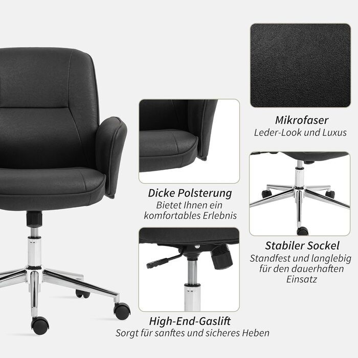 Крісло Vinsetto для офісу та дому: регульоване, поворотне, з функцією гойдання, мікрофібра, до 120 кг, чорне