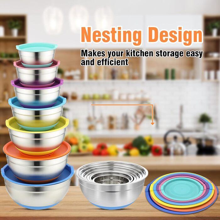 Набір міксерів BEWOS 7 шт. з кришкою, нержавіюча сталь, різні розміри (0.7-4.5 Qt)