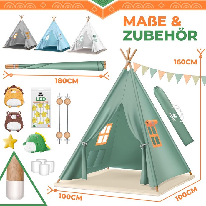 Дитячий намет KIDIZ Teepee 100x100x160см зі світлодіодом, декором та аксесуарами для дому та вулиці (зелений)