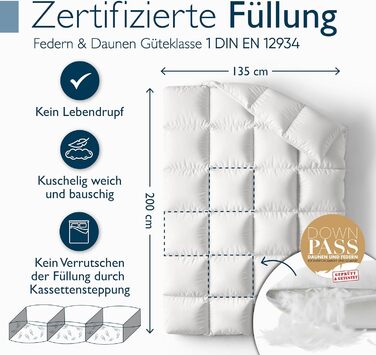 Пухова ковдра Beautissu з 100% пуху та пера – Made in Germany – сертифікація Oeko-Tex, Downpass & Nomite – бавовняна наволочка, 135x200 см, придатна для прання, зимова ковдра