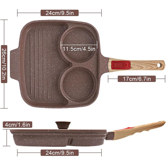 Сковорода для смажених яєць RANXINGST 3 отвори, антипригарне покриття 26 см, знімна ручка, сніданок - коричневий