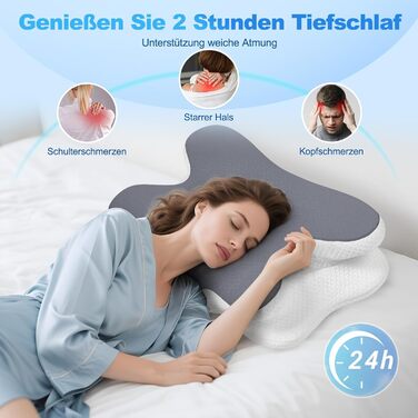 Ортопедична подушка для шиї з Memory Foam - для сну на боці, спині та животі. З покриттям з льонової тканини (темно-сірий)