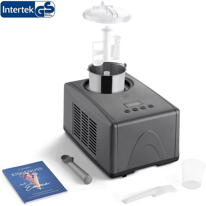 Електрична морозивомашина Springlane 1.5L з самоохолоджуючим компресором 150W, з нержавіючої сталі, знімний контейнер для льоду, рецептурник (Антрацит, Emma + 2 сірі контейнери для зберігання)