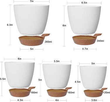 5 кашпо з пластику з системою поливу, 17.8/16.5/15.2/13.9/12.7 см. Самополивні горщики з підставкою, круглі, для квітів, сукулентів, кактусів, для дому, балкону, саду. Білий, коричневий колір