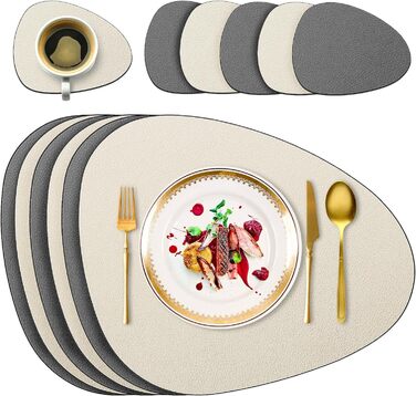 Набір з 6 підставок під тарілки, миючіся з підставками, двосторонні, з імітацією шкіри, водонепроникні для столу, кухні, ресторану та дому (6 шт., бежево-сірі)