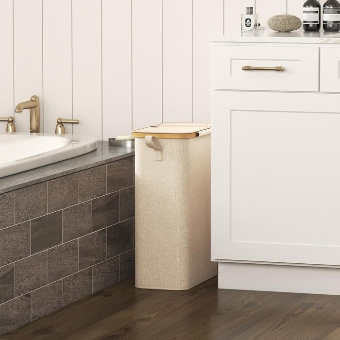 Кошик для білизни Lifewit 50L з кришкою, бамбуковий, з ручкою, для квартири, гуртожитку, кемпінгу, бежевий