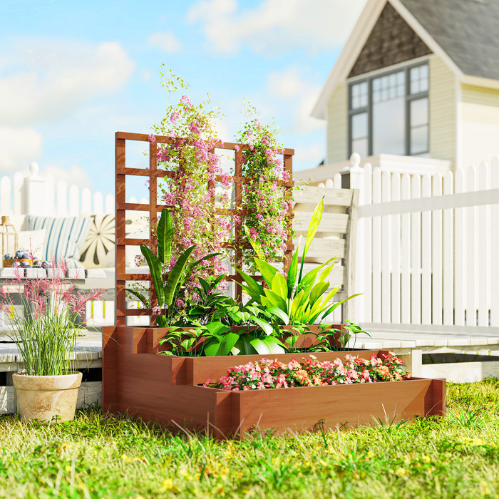 Підвищене грядка з опорою для рослин, 3-ярусний ящик для квітів з тканини, ялина, коричневий, 95 x 95 x 110 см