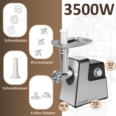 Електричний м'ясорубка STANEW Fleischwolf 3 в 1: м'ясорубка, машина для куббе та ковбас, нержавіюча сталь, 3,5 кг/хв, 3500 Вт