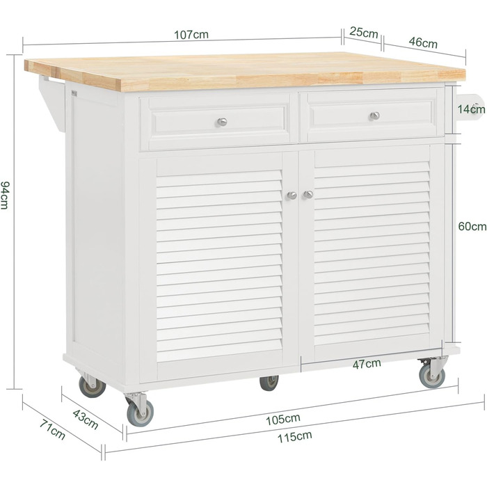 Кухонний острів SoBuy FKW84-WN з 4 колесами, розширювана стільниця, кухонна шафа, білий, 115x93x46-71см