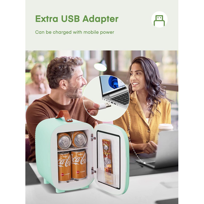 Міні холодильник FOHERE 5 літрів / 6 банок, USB живлення, 220V AC/12V DC, для напоїв та догляду за шкірою, білий (зелений)