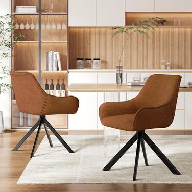 Обідні стільці поворотні, набір 4 шт. з підлокітниками, коричневі. Сучасні стільці для кухні, вітальні, офісу з металевим каркасом та спинкою. Зручні, з м'яким сидінням з льону.