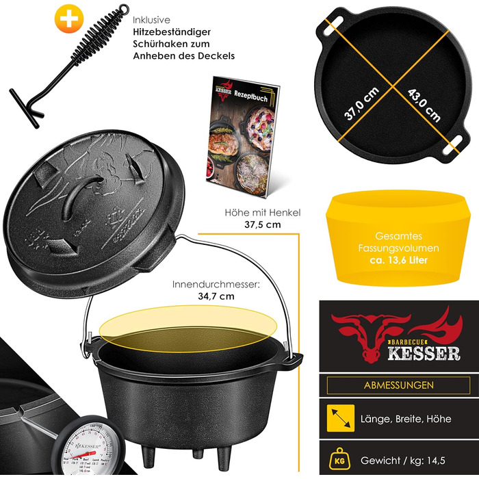 Набір голландських казанів KESSER® BBQ Feuertopf: 13.6 л, чавун, з кришкою-підйомником, ручкою та отвором для термометра. Ідеально для приготування на грилі, на відкритому вогні та в приміщенні.