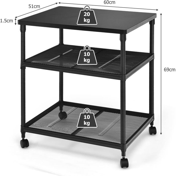 Рівневий візок для принтера COSTWAY з колесами 360, залізною рамою, регулюється по висоті для офісу, вітальні, кухні, 3-