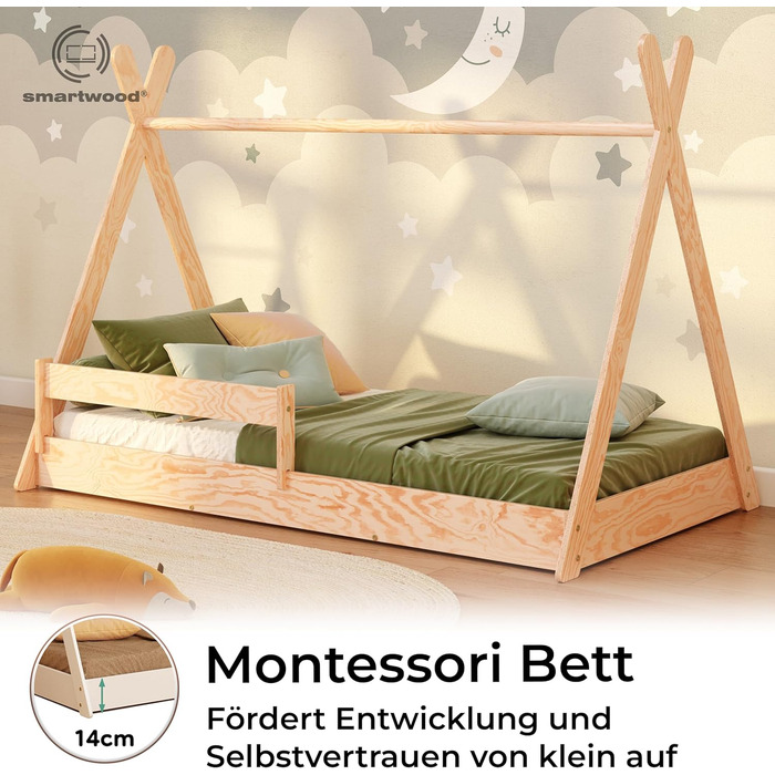 Дерев'яне ліжко-дитячий будиночок Smartwood 90x200 - Монтессорі Tipi F з сосни з сертифікатом FSC, захист від падіння та ламелі до 230 кг для хлопчиків та дівчаток, проста збірка, ліжко на підлозі