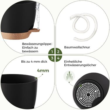 Набір горщиків для квітів Bamworld 6 шт. з автополивом, чорні, різні розміри (12.7-20.3 см), з підставкою, для розсади та кімнатних рослин