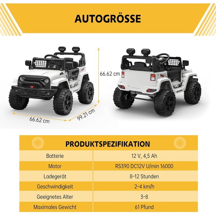 Дитячий електромобіль 12V з пультом, амортизацією, LED, Bluetooth, 2 швидкості, для дітей 3-8 років, білий