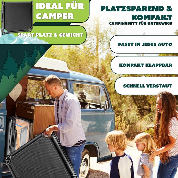 Розкладне кемпінгове ліжко KESSER з преміум-матрацом та подушкою, 190x68x30 см, до 250 кг, з кишенею та підстаканником, чорно-помаранчеве