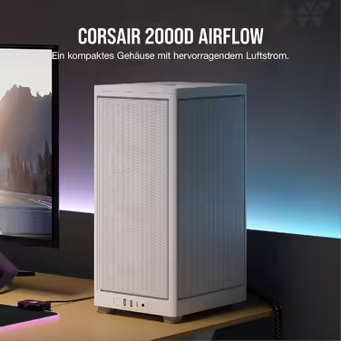 Корпус для ПК Corsair 2000D Airflow Mini ITX, білий, три слоти для GPU, сітчаста сталь, оптимізований для охолодження, сучасні порти на фронті