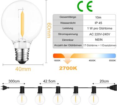 LED гірлянда на батарейках для зовнішнього використання, 10 метрів, 17+1 тепле світло G40, вологостійка IP45, для саду, балкону, тераси