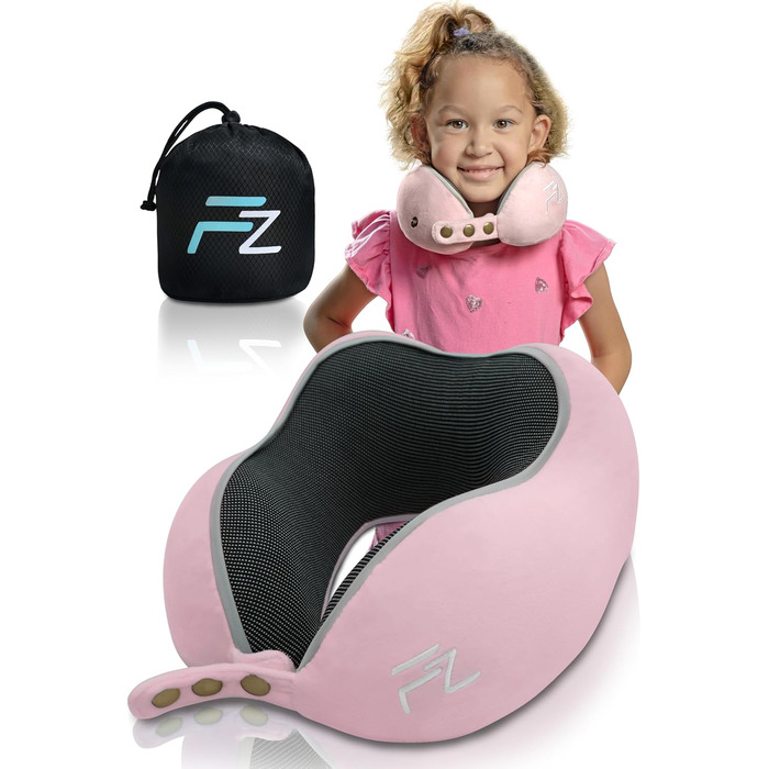 Подушка для шиї FLOWZOOM Comfy - для подорожей (літак, авто) - Memory Foam, регульована, 360° підтримка, дихаючий чохол, чорний (4.2. Comfy Kids S - Рожевий)