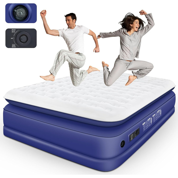 Надувна ліжко 152x203 см для 2 осіб з електричним насосом | Гостьове ліжко та для кемпінгу | Надувне ліжко блакитно-біле