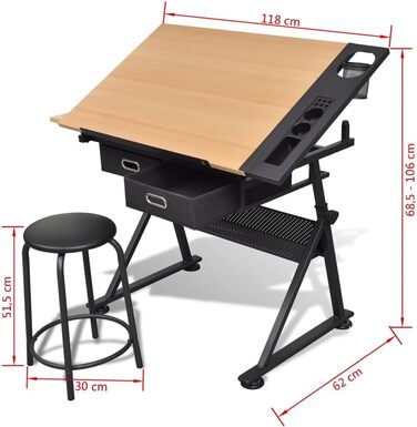 Тідард Архiтектурний стіл з регульованим нахилом (0-85°) та 2 висувними ящиками, з табуретом, 118 x 62 x 68,5-106 см