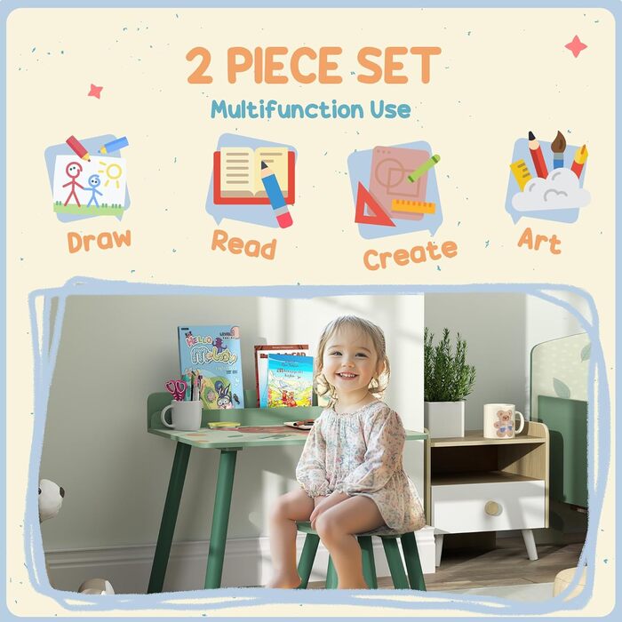 Дитячий стіл та стілець AIYAPLAY з ведмедиком-бухгалтером, зелений, для дітей 3-8 років