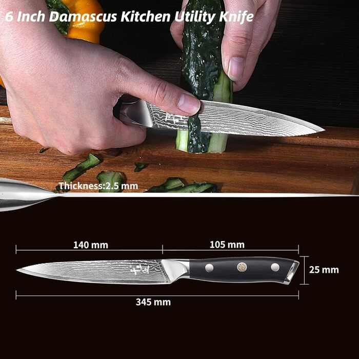 Саторі Дамаска 18 см - професійний кухонний ніж з дерев'яною ручкою, з високим вмістом вуглецю, VG10 сталь, преміум якість