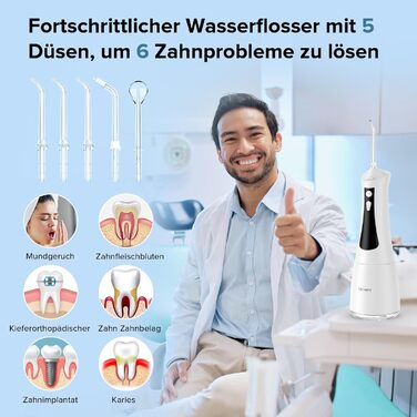 Електричний ірigator Munddusche з 5 режимами та 5 насадками, 300 мл резервуар, перезаряджуваний, для догляду за зубами, водонепроникний (IPX7)