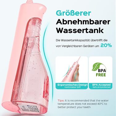 COSLUS Електрична душова насадка бездротова: 20 бар, IPX7, водонепроникна, 4 режими для гігієни порожнини рота, 5 інтенсивностей (Рожева)
