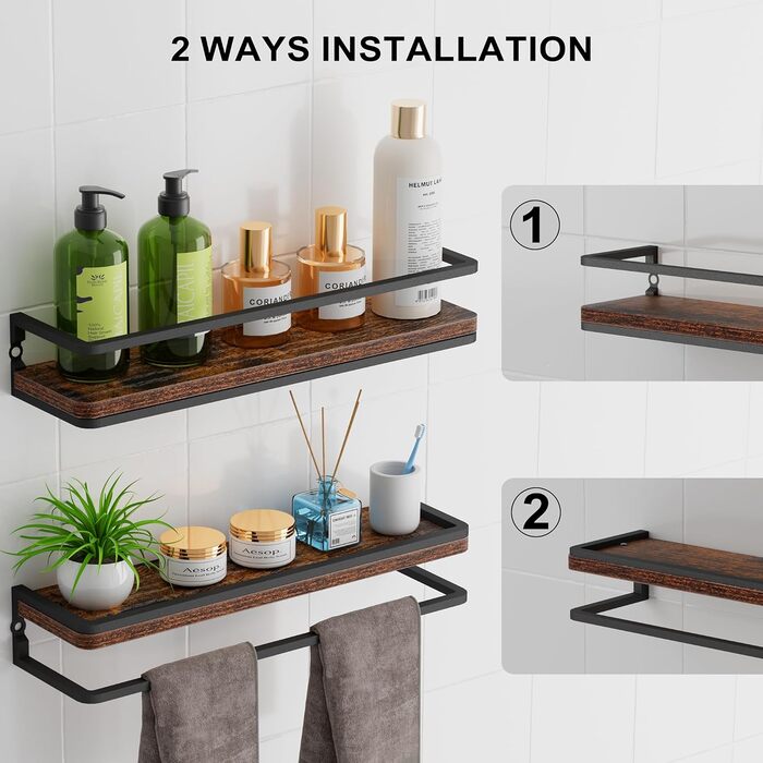 Полиця настінна дерев'яно-металева Wandregal 2 шт 42 см, плаваючі полиці для ванної, спальні, вітальні, кухні, офісу (Рустикальний коричневий + Чорний)