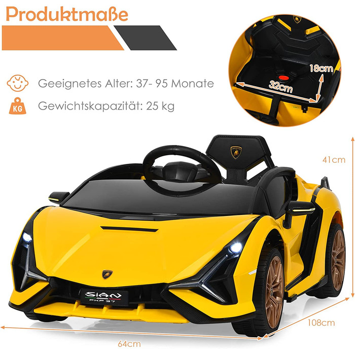 Дитячий електромобіль GOPLUS Lamborghini з пультом, Bluetooth, USB, музикою, для дітей 3-8 років, білий/жовтий
