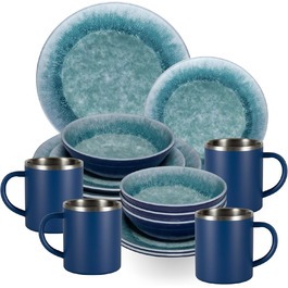 Набір посуду Melamin Adria Blue (4 особи) з нержавіючих термокружок. Підходить для кемпінгу, подорожей, пікніків та вечірок на природі. Імітація посуду з каменю.