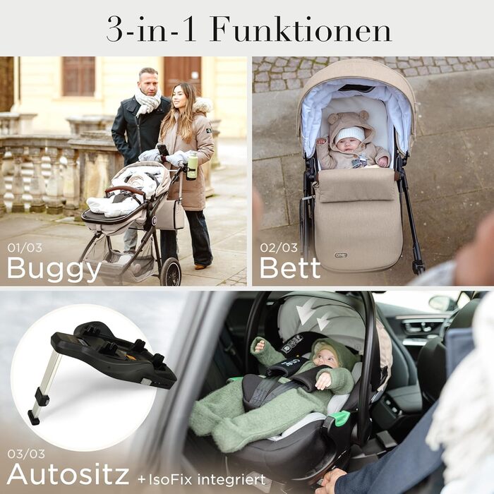 Дитяча коляска 3 в 1 з автокріслом та люлькою | Коляска для новонароджених з 5-точковим ременем безпеки, світло-оливкового кольору, без Isofix