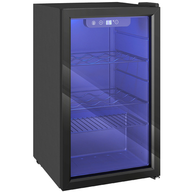 Винний шафа на 24 пляшки, 68 літрів, діапазон температур 4–16 °C, окремостояча модель для напоїв, пива та вина зі скляними дверцятами, чорного кольору