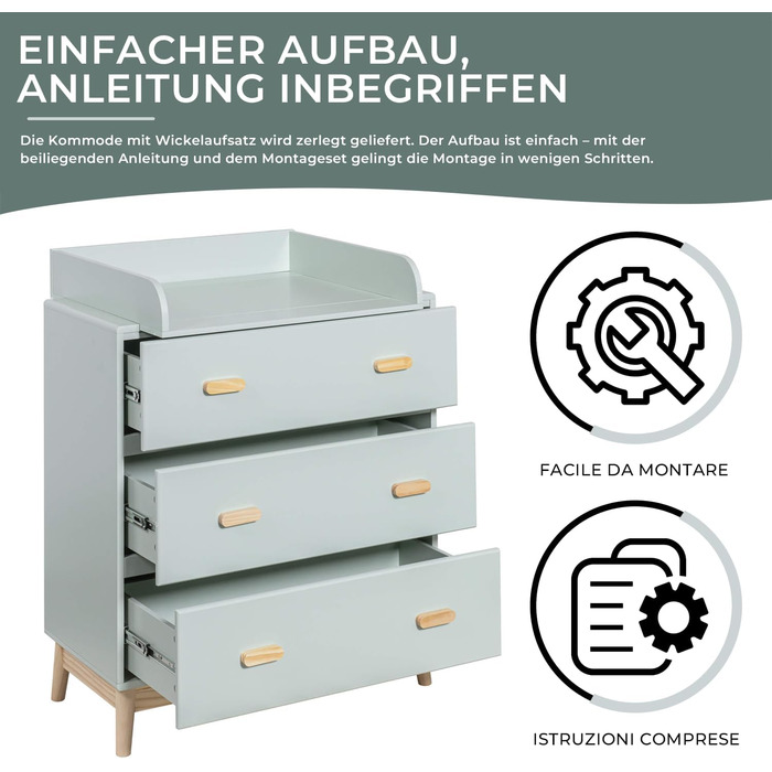 Комод з пеленальним столиком Rebecca Mobili, Aqua Grün Braun, колір блакитно-зелений, матеріал - сосна та MDF, компактний, знімний пеленальний столик, розміри 100 x 80 x 42 см, арт. RE6985